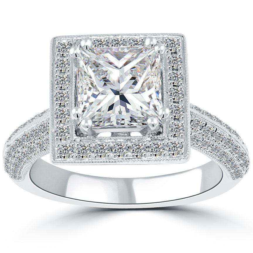 3.04 Carat H-SI1 Princess Cut Diamond Engagement Ring 18k Gold Vintage Style
