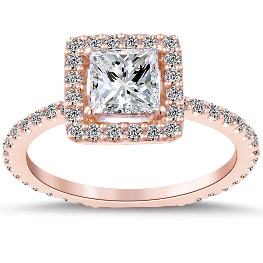 2.02 Carat G-SI1 Princess Cut Diamond Engagement Ring 18k Rose Gold Pave Halo Front