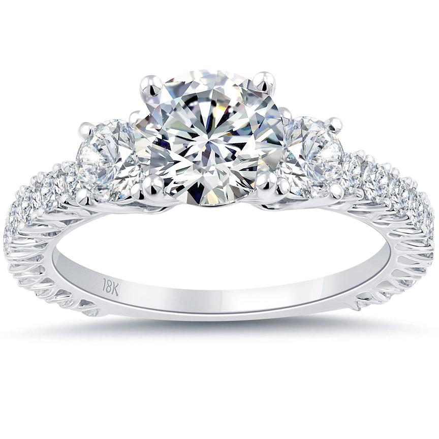 3.03 Carat E-SI1 Three Stone Natural Diamond Engagement Ring 18k White Gold