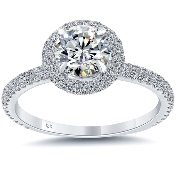 1.59 Carat G-SI1 Natural Round Diamond Engagement Ring 18k White Gold Pave Halo