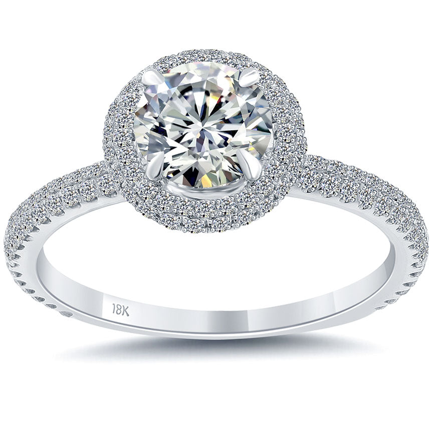 1.59 Carat G-SI1 Natural Round Diamond Engagement Ring 18k White Gold Pave Halo
