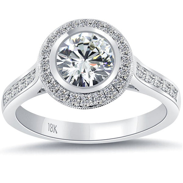 1.75 Carat H-VS2 Natural Round Diamond Engagement Ring 18k White Gold Pave Halo