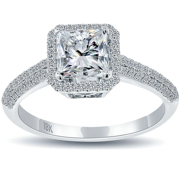 1.45 Carat F-SI1 Princess Cut Diamond Engagement Ring 18k White Gold Pave Halo