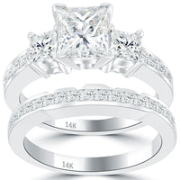 3.94 Carat G-SI2 Princess Cut Diamond Engagement Ring & Wedding Band Set 14k