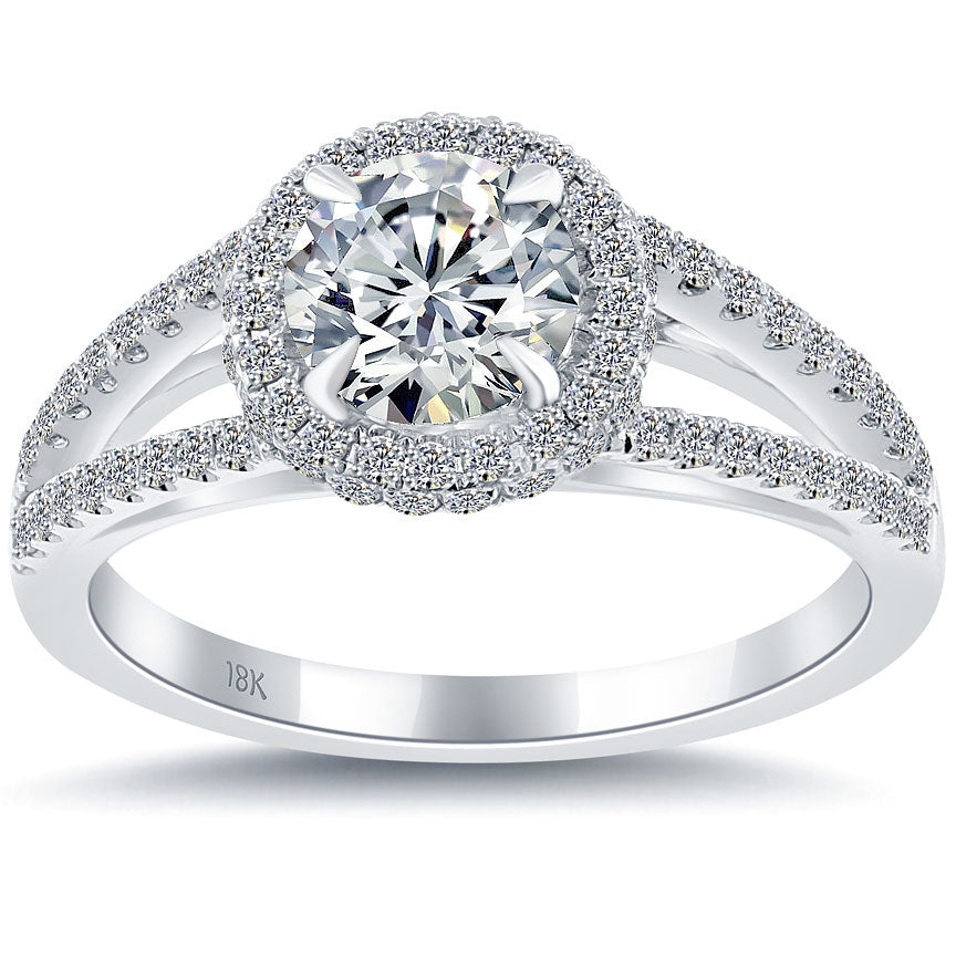 1.53 Carat D-SI1 Natural Round Diamond Engagement Ring 18k White Gold Pave Halo