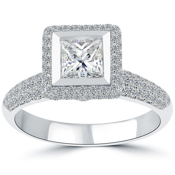 2.07 Carat E-VS2 Princess Cut Diamond Engagement Ring 18k White Gold Pave Halo