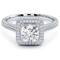 2.30 Carat F-I1 Princess Cut Diamond Engagement Ring 18k White Gold Pave Halo