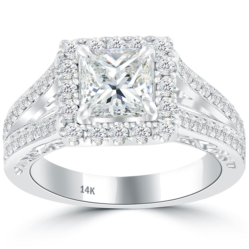 1.90 Carat H-VS1 Radiant Cut Natural Diamond Engagement Ring 14k Vintage Style