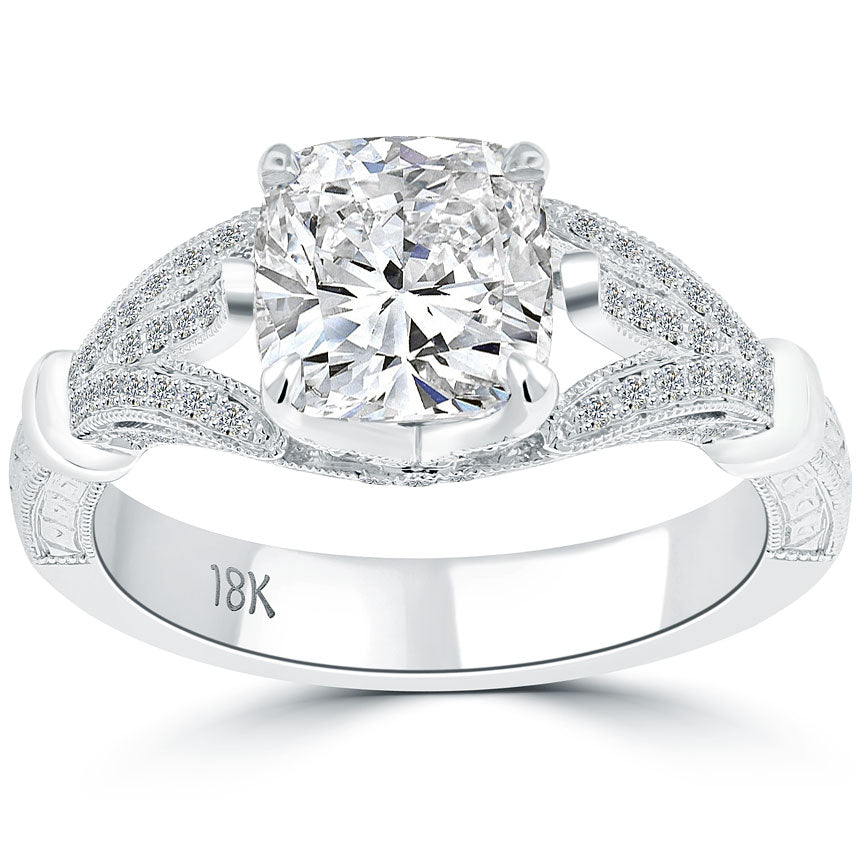 2.47 Ct. G-SI1 Cushion Cut Diamond Engagement Ring 18k White Gold Vintage Style