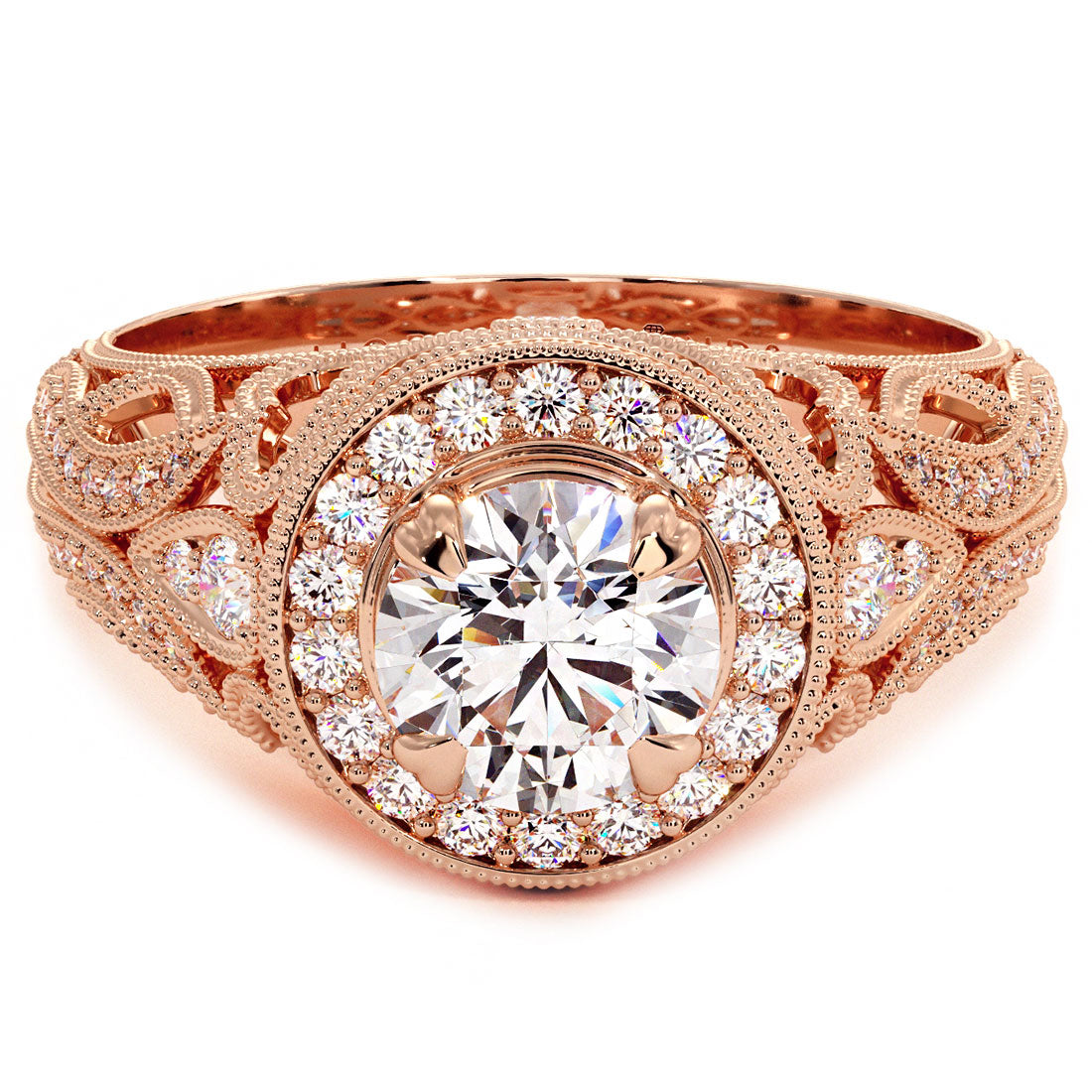 1.70 Carat G-SI1 Round Diamond Engagement Ring 14k Rose Gold Vintage Style Front