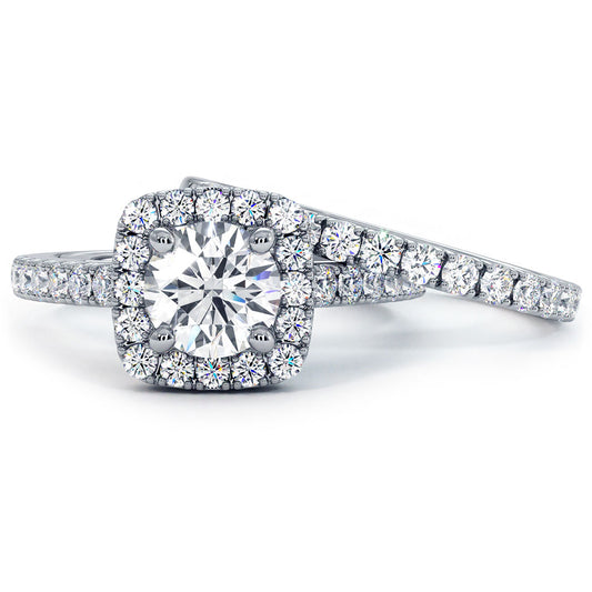 2.50 Carat E-SI1 Diamond Engagement Ring & Wedding Band Set 14k Gold Pave Halo Front