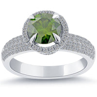 2.92 Carat Fancy Green Diamond Engagement Ring 14k White Gold Pave Halo