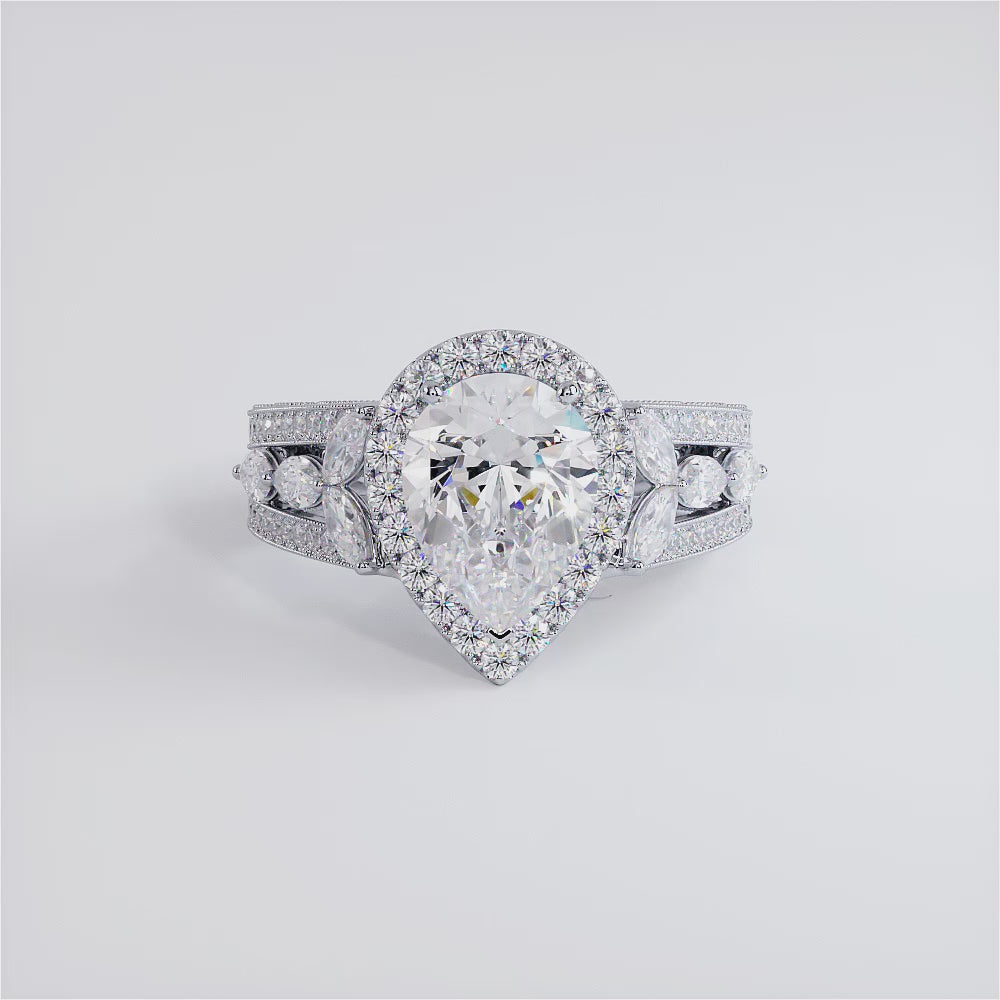 2 Carat Pear Shape Micropavé Halo Vintage Style Milgrain
