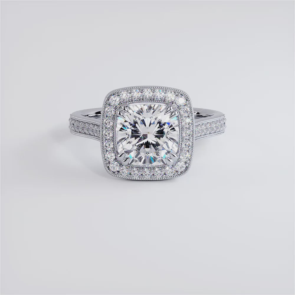 2 Carat Cushion Cut Micropavé Halo Milgrain