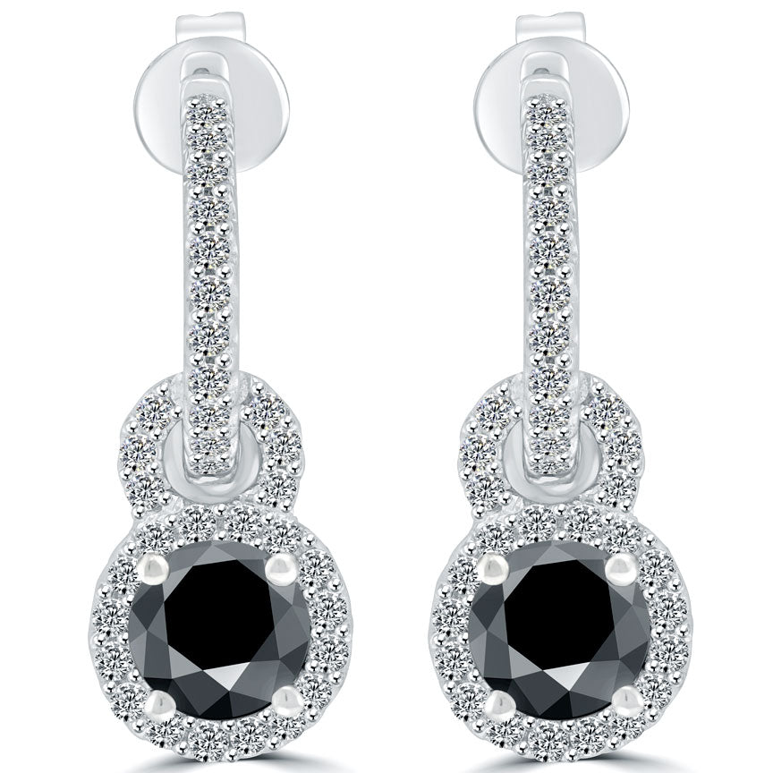 2.10 Carat Pave Halo Round Black Diamond Studs Drop Earrings 14k White Gold