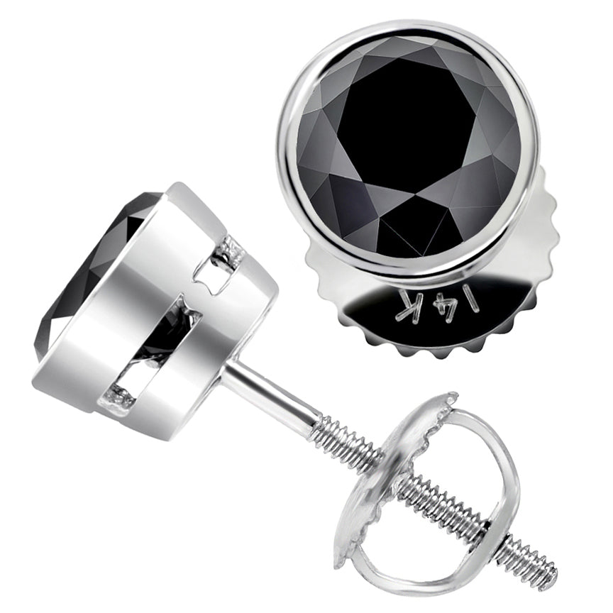 3.00ctw Natural Black Diamond Earrings Studs Bezel Set in 14k White Gold