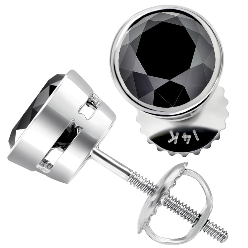 4.00 Ct. Certified Natural Black Diamond Earrings Bezel Set Studs 14k White Gold