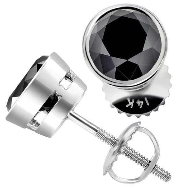 4.00ctw Natural Black Diamond Earrings Studs Bezel Set in 14k White Gold