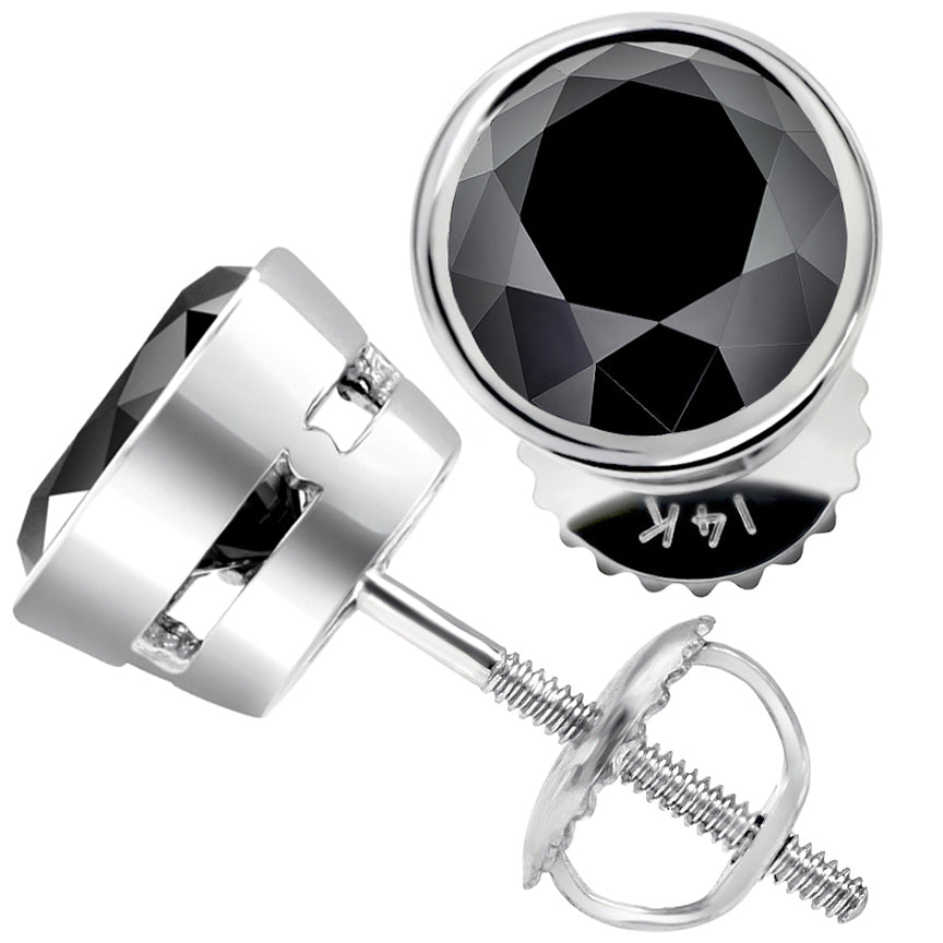5.00 Ct. Certified Natural Black Diamond Earrings Bezel Set Studs 14k White Gold