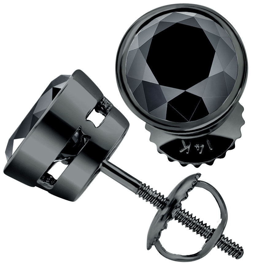 5.00 Ct. Certified Natural Black Diamond Earrings Bezel Set Studs 14k Black Gold Front