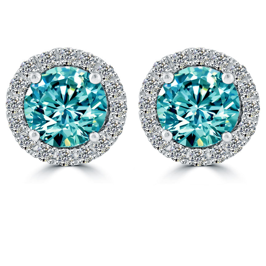 1.85 Carat Fancy Blue Diamond Pave Halo Diamond Studs Earrings 18k White Gold