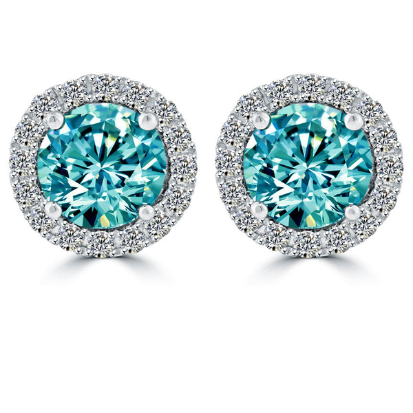 1.85 Carat Fancy Blue Diamond Pave Halo Diamond Studs Earrings 18k White Gold