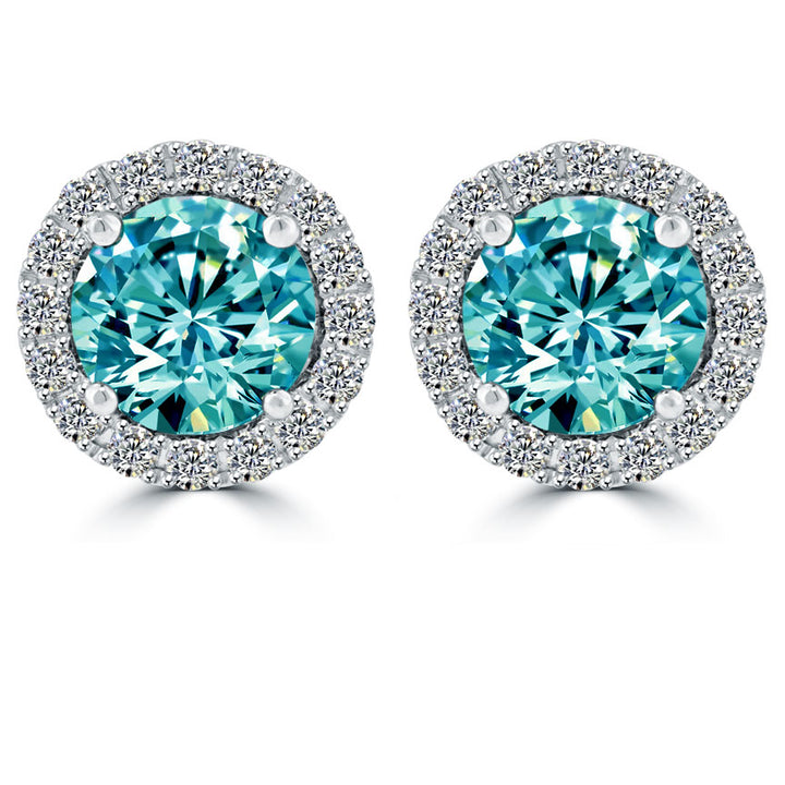 1.85 Carat Fancy Blue Diamond Pave Halo Diamond Studs Earrings 18k White Gold
