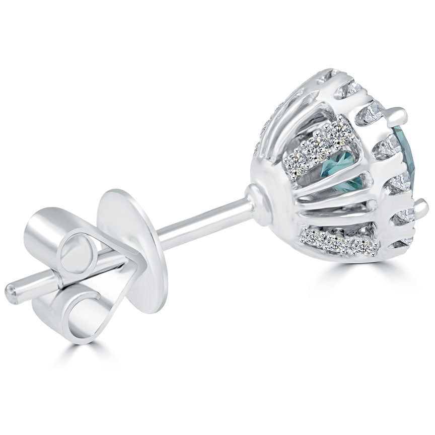 1.85 Carat Fancy Blue Diamond Pave Halo Diamond Studs Earrings 18k White Gold