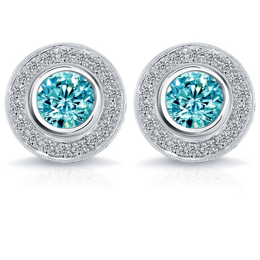 2.70 Carat Fancy Blue Diamond Pave Halo Diamond Studs Earrings 14k White Gold