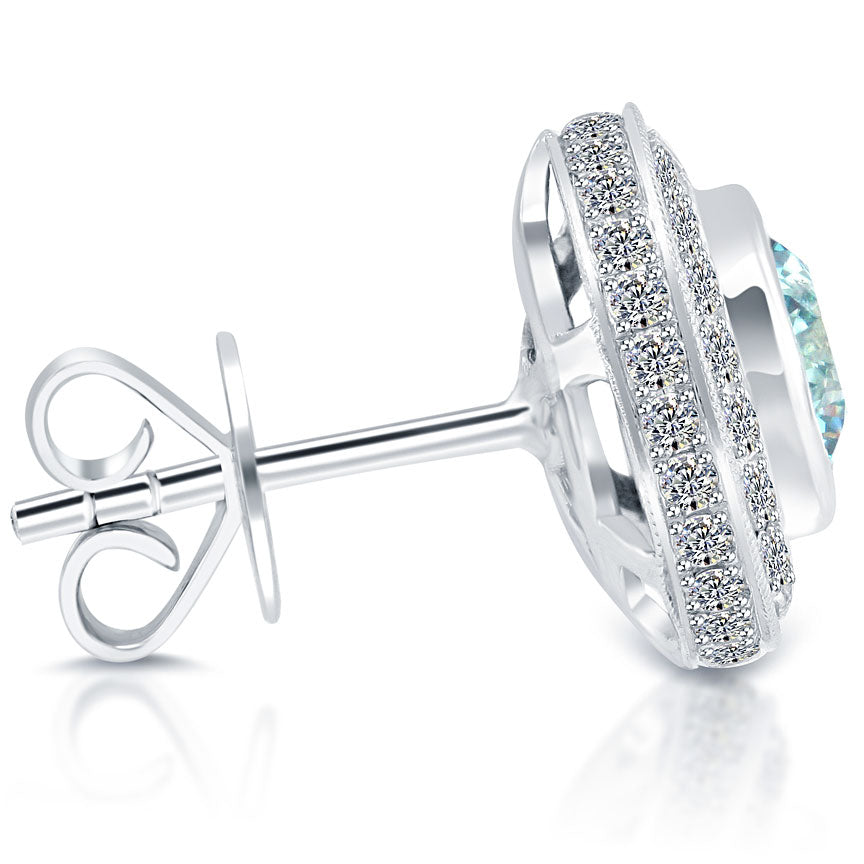 2.70 Carat Fancy Blue Diamond Pave Halo Diamond Studs Earrings 14k White Gold