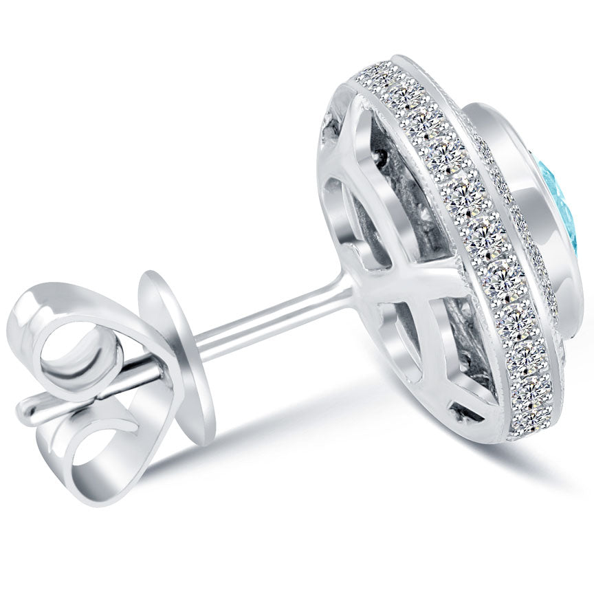 2.70 Carat Fancy Blue Diamond Pave Halo Diamond Studs Earrings 14k White Gold