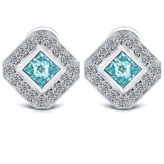 3.64 Carat Fancy Blue Princess Cut Diamond Studs Drop Earrings 14k White Gold