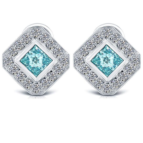 3.64 Carat Fancy Blue Princess Cut Diamond Studs Drop Earrings 14k White Gold