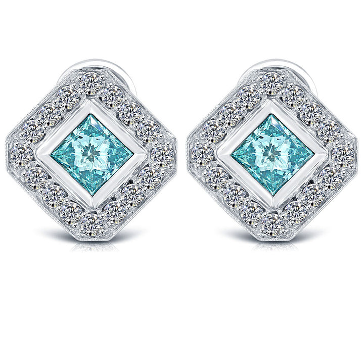 3.64 Carat Fancy Blue Princess Cut Diamond Studs Drop Earrings 14k White Gold