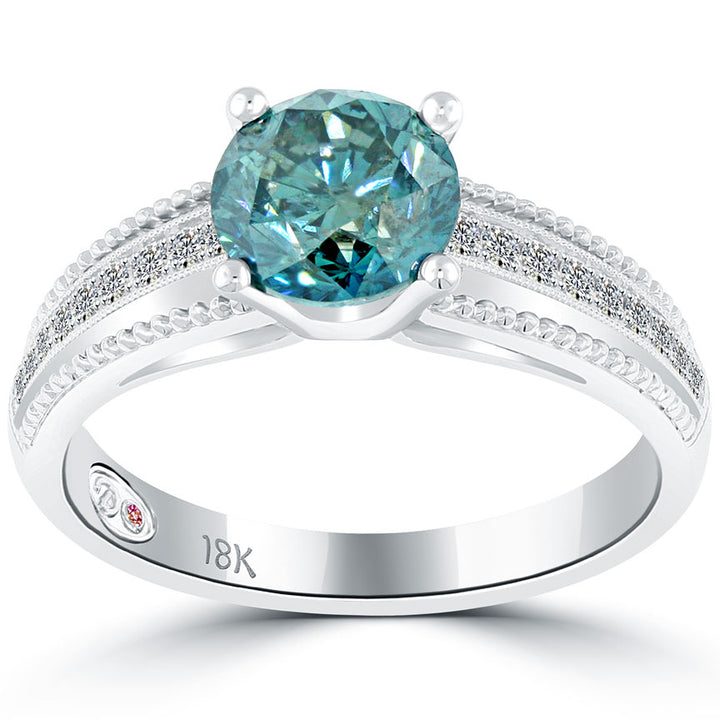 1.79 Carat Certified Fancy Blue Round Diamond Engagement Ring 18k White Gold
