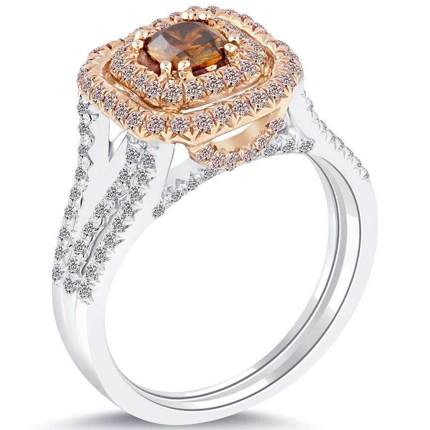 1.45 Carat Natural Fancy Cognac Brown Diamond Engagement Ring 18k Gold Pave Halo