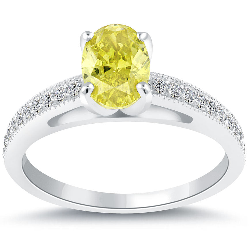 1.40 Carat Fancy Yellow Oval Cut Diamond Engagement Ring 14k White Gold