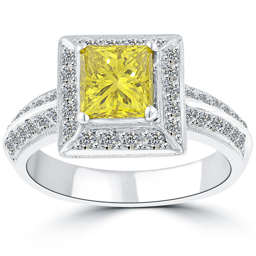 2.04 Carat Fancy Yellow Princess Cut Diamond Engagement Ring 18k Pave Halo