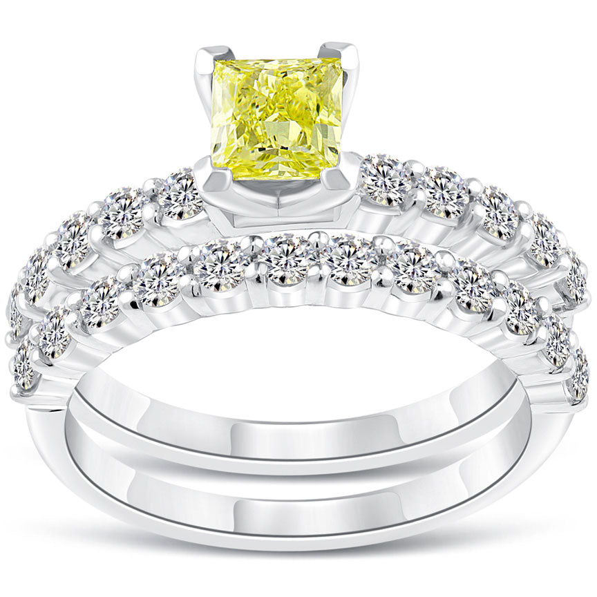 2.05 Carat Fancy Yellow Princess Cut Diamond Engagement Ring & Wedding Band Set