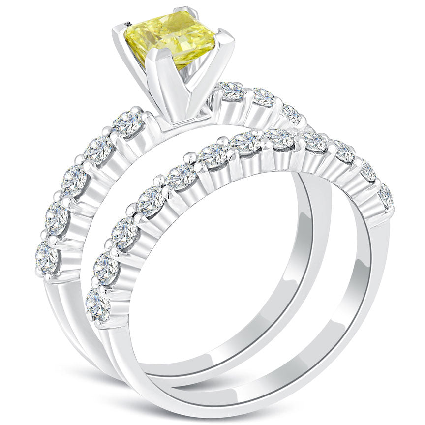 2.05 Carat Fancy Yellow Princess Cut Diamond Engagement Ring & Wedding Band Set