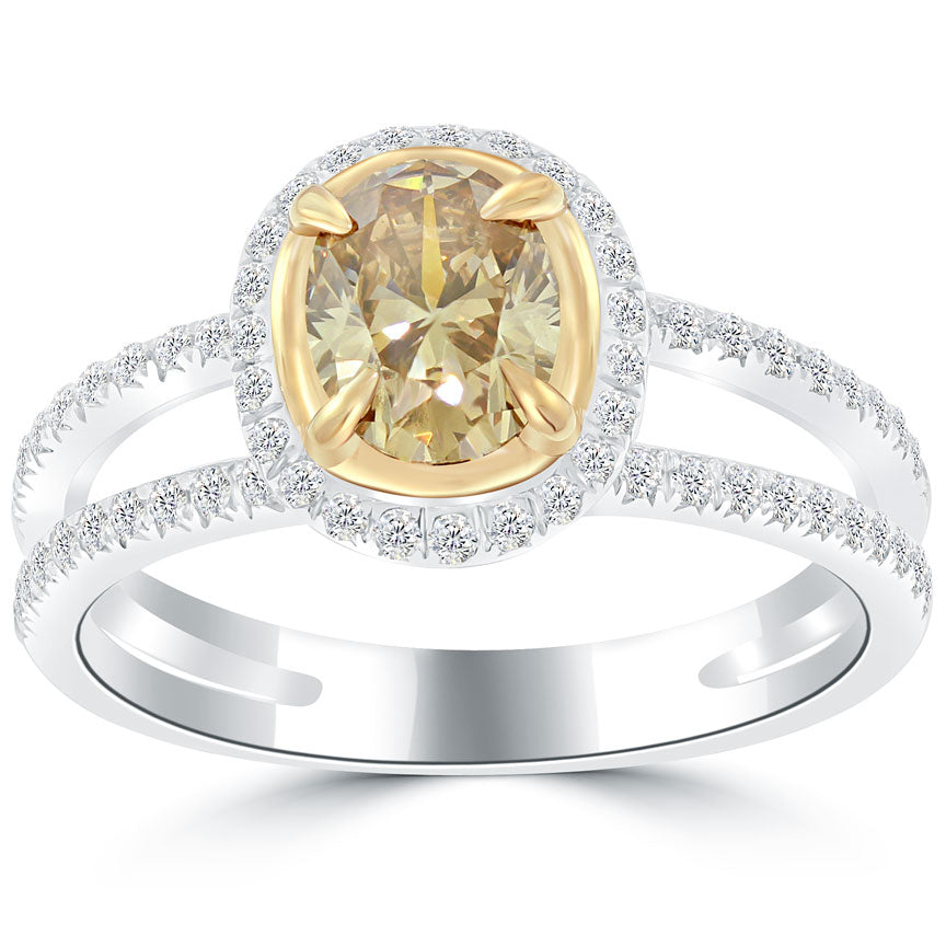 1.52 Carat Fancy Cognac Brown Oval Cut Diamond Engagement Ring 14k Pave Halo