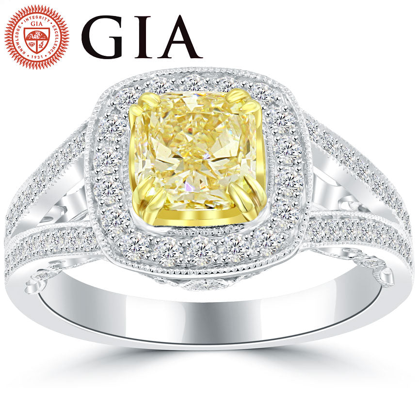2.25 Ct. GIA Certified Natural Fancy Yellow Cushion Cut Diamond Engagement Ring