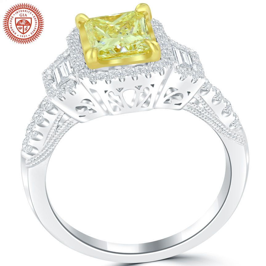 1.58 Ct. GIA Certified Natural Fancy Yellow Princess Cut Diamond Engagement Ring