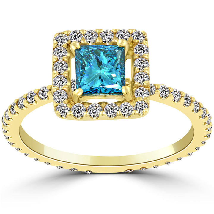 1.35 Carat Fancy Blue Princess Cut Diamond Engagement Ring 14k Yellow Gold
