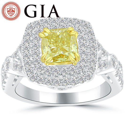2.23 Ct. GIA Certified Natural Fancy Yellow Cushion Cut Diamond Engagement Ring