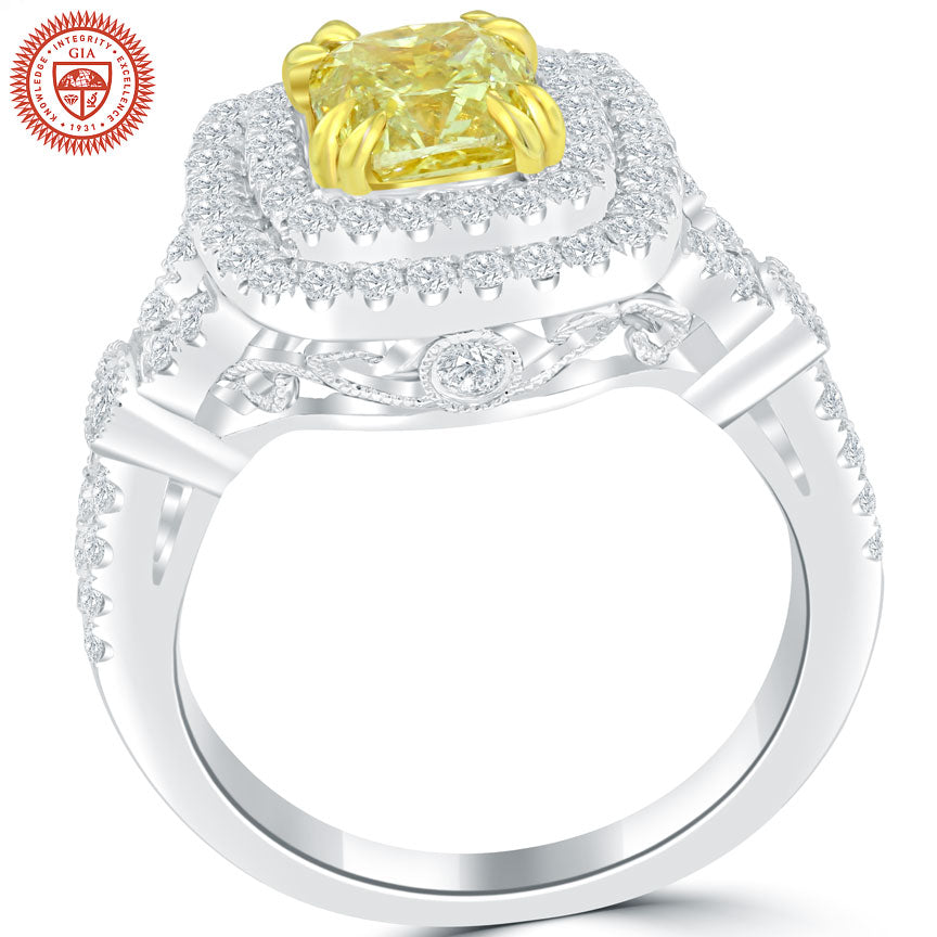 2.23 Ct. GIA Certified Natural Fancy Yellow Cushion Cut Diamond Engagement Ring