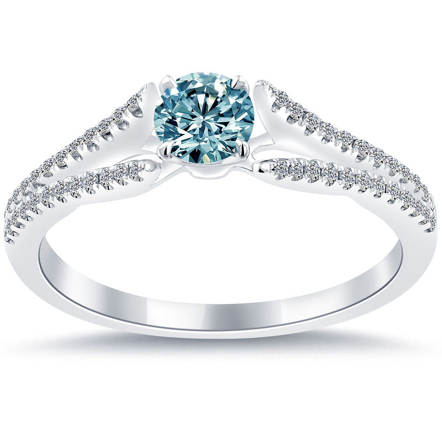 0.69 Carat Certified Fancy Blue Round Diamond Engagement Ring 18k White Gold