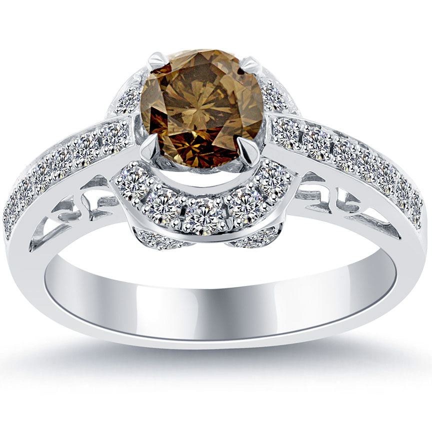 1.67 Carat Natural Fancy Cognac Brown Diamond Engagement Ring 14k White Gold