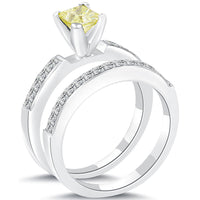 1.70 Carat Fancy Yellow Princess Cut Diamond Engagement Ring & Wedding Band Set