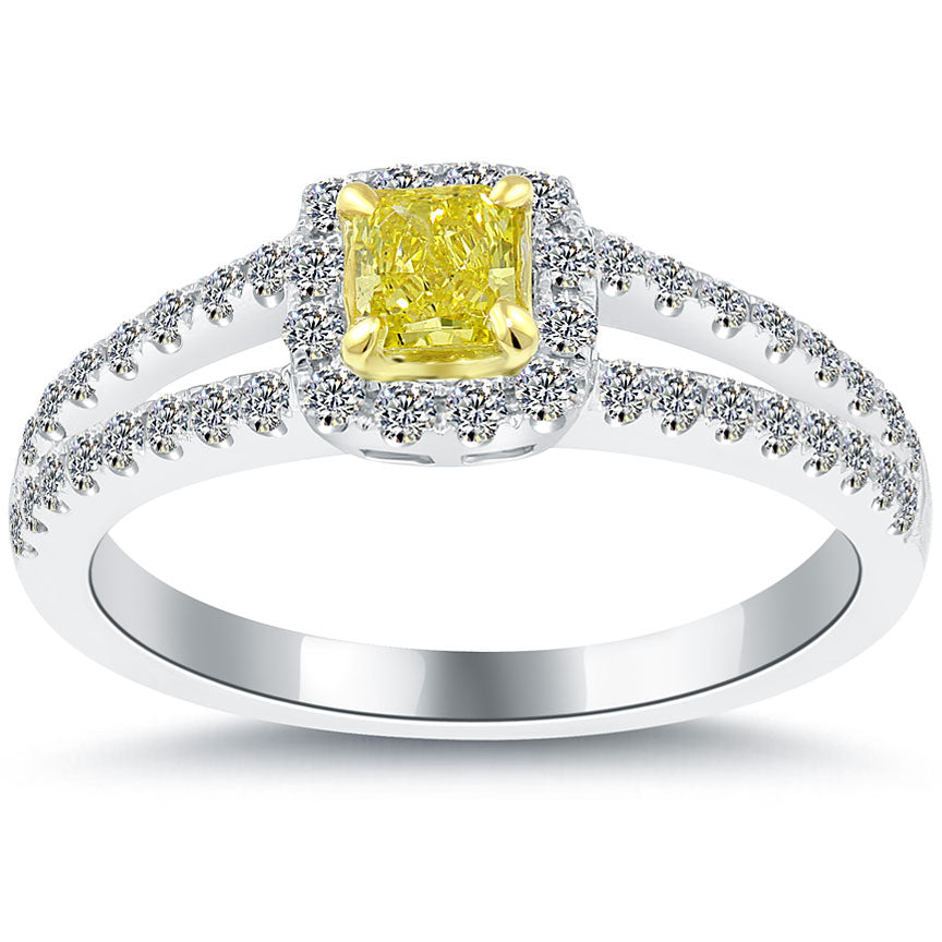 0.75 Carat Fancy Yellow Radiant Cut Diamond Engagement Ring 14k Gold Pave Halo